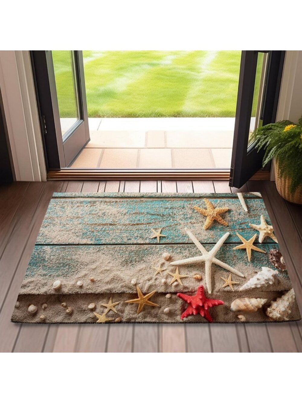 Beach Seashell Starfish Doormat 17"x30" - Blue Wooden Indoor Outdoor Welcome Mat